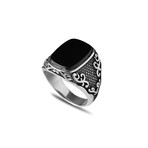 925 Sterling Silver Onyx Stone Men's Ring V8 // Silver + Black (8)