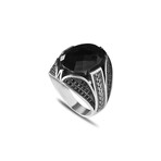 925 Sterling Silver Black Zircon Stone Men's Ring V4 // Silver + Black (10)