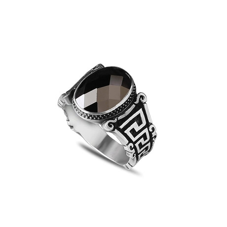925 Sterling Silver Black Zircon Stone Men's Ring V1 // Silver + Black (6.5)