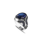 925 Sterling Silver Sapphire Stone Men's Ring V3 // Silver + Blue (7.5)
