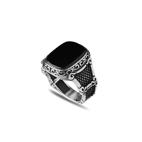 925 Sterling Silver Onyx Stone Men's Ring V9 // Silver + Black (6.5)
