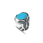 925 Sterling Silver Turquoise Stone Men's Ring V1 // Silver + Blue (8.5)