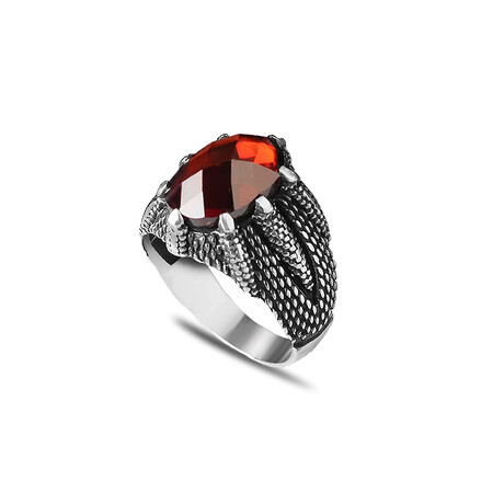 925 Sterling Silver Garnet Stone Claw Shape Men's Ring // Silver + Red (6.5)