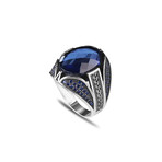 925 Sterling Silver Sapphire Stone Men's Ring V1 // Silver + Blue (6.5)