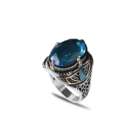 925 Sterling Silver Blue Topaz Stone Men's Ring // Silver + Blue (6.5)