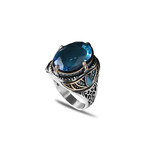 925 Sterling Silver Blue Topaz Stone Men's Ring // Silver + Blue (9.5)