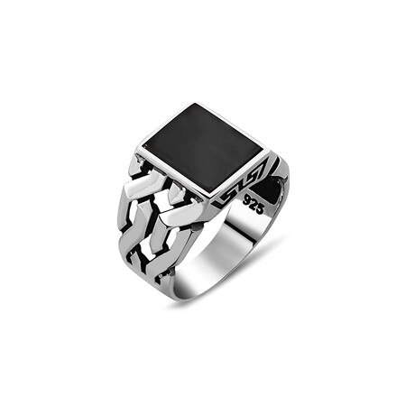 925 Sterling Silver Onyx Stone Men's Ring V2 // Silver + Black (6.5)