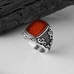 925 Sterling Silver Carnelian Stone Men's Ring // Silver + Red (8)