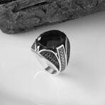 925 Sterling Silver Black Zircon Stone Men's Ring V4 // Silver + Black (10)
