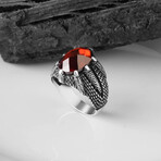 925 Sterling Silver Garnet Stone Claw Shape Men's Ring // Silver + Red (10)