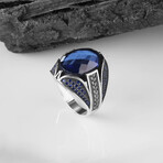 925 Sterling Silver Sapphire Stone Men's Ring V1 // Silver + Blue (8.5)