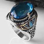 925 Sterling Silver Blue Topaz Stone Men's Ring // Silver + Blue (9.5)