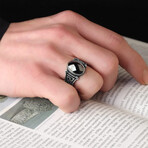 925 Sterling Silver Black Zircon Stone Men's Ring V1 // Silver + Black (9)