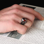 925 Sterling Silver Garnet Stone Claw Shape Men's Ring // Silver + Red (8)