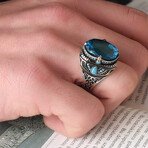 925 Sterling Silver Blue Topaz Stone Men's Ring // Silver + Blue (6.5)