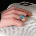 925 Sterling Silver Turquoise Stone Men's Ring V1 // Silver + Blue (9.5)