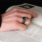 925 Sterling Silver Black Zircon Stone Men's Ring V2 // Silver + Black (6.5)