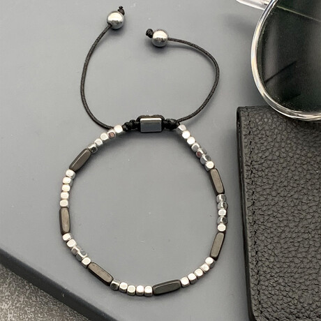 Natural Hematite Rectangle Adjustable Macrame Bracelet // Black + Silver // 6.2"-9.4"