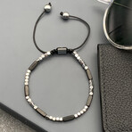 Natural Hematite Rectangle Adjustable Macrame Bracelet // Black + Silver // 6.2"-9.4"