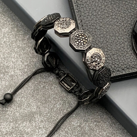 Hexagon Zircon Adjustable Macrame Bracelet // Smoke + Black // 6.2"-9.4"
