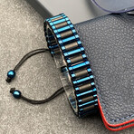 Cylinder-Cut Hematite Adjustable Macrame Bracelet // Black + Navy Blue // 6.2"-9.4"