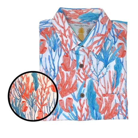 Coral Fantasies Hawaiian Shirt // White + Coral + Blue (S)