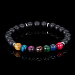 Multicolor Tiger Eye + Matte Onyx Stone Stretch Bracelet // 7.25"