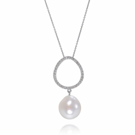 18K White Gold Diamond + Cultured Pearl Pendant Necklace // 15"-17" // Store Display