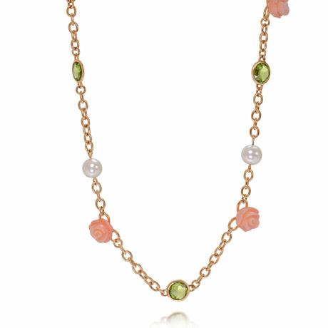 Grace 18K Rose Gold Green Peridot + Pink Cultured Pearl Princess Necklace // 16"-18" // New