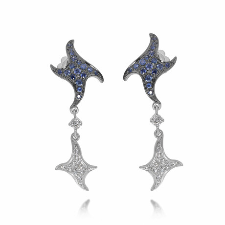 Vega 18K White Gold Diamond + Blue Sapphire Dangle Earrings // Store Display
