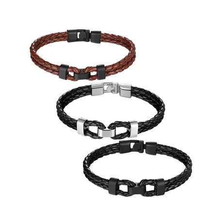 PU Leather Bracelet Set // Set of 3 // Black + Black Steel + Black Coffee (S // 7.5")