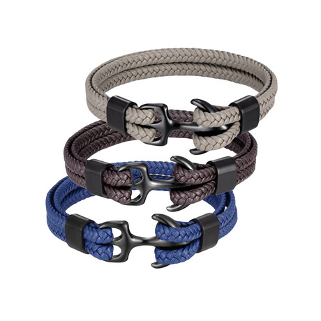 Leather Anchor Bracelet Set // Set of 3 // Black Blue + Black Coffee + Black Gray (S)