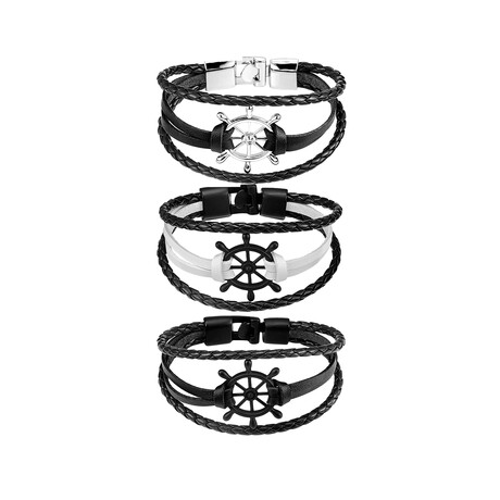 PU Leather Bracelet Set // Set of 3 // Black + Black White + Black Silver (S // 7.5")