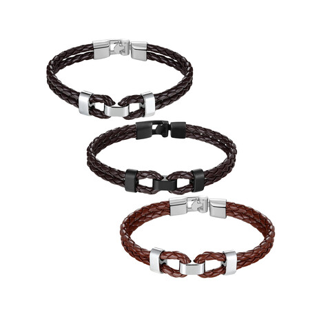 PU Leather Bracelet Set // Set of 3 // Black Coffee Steel + Dark Brown Black + Dark Brown Steel (S // 7.5")