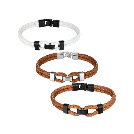 PU Leather Bracelet Set // Set of 3 // Brown Black + Brown Steel + Black White (S // 7.5")