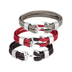 Leather Anchor Bracelet Set // Set of 3 // Silver Coffee + Silver Gray + Silver Red (M // 8.3")