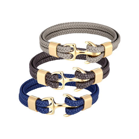Leather Anchor Bracelet Set // Set of 3 // Gold Blue + Gold Coffee + Gold Gray (S)