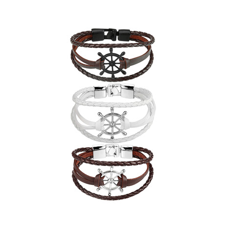 PU Leather Bracelet Set // Set of 3 // Brown Silver + White + Brown (S // 7.5")