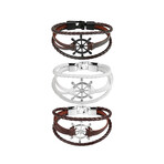 PU Leather Bracelet Set // Set of 3 // Brown Silver + White + Brown (M // 8.3")