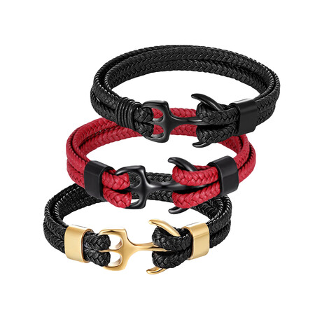 Leather Anchor Bracelet Set // Set of 3 // Black Red + Black + Gold Black (S)