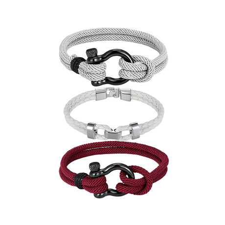 Milan Rope Bracelet Set // Set of 3 // White Steel + Gray + Red (S // 7.5")