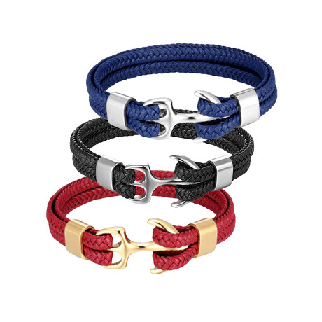 Leather Anchor Bracelet Set // Set of 3 // Gold Red + Silver Black + Silver Blue (S // 7.5")