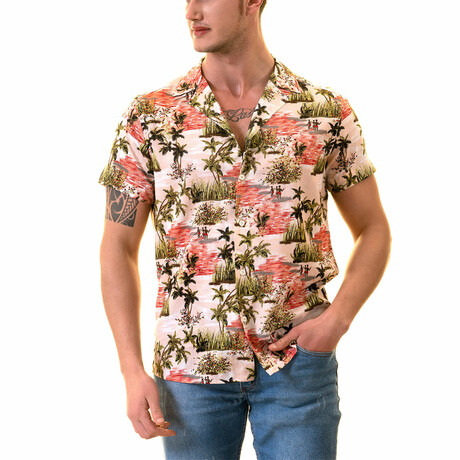 Palm Trees Men's Hawaiian Shirt // Green + Pink (XL)