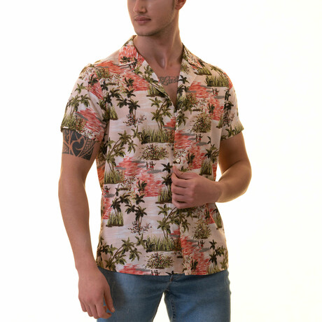 Palm Trees Men's Hawaiian Shirt // Green + Pink (S)