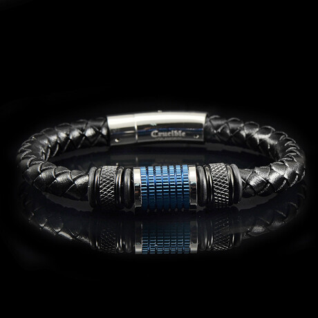 Black + Blue Plated Stainless Steel Beads Leather Bracelet // 8.25"