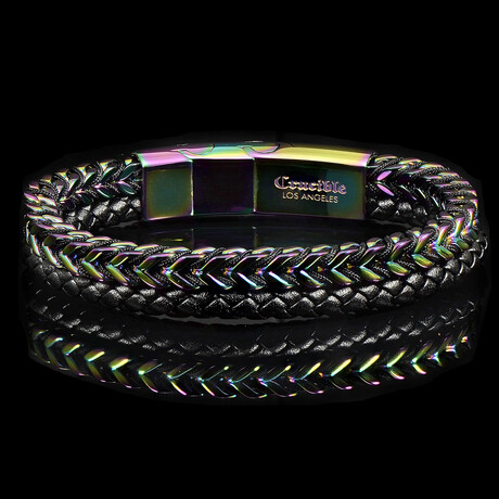 Polished Iridescent Plated Stainless Steel Franco Chain + Leather Cuff Bracelet // 8.5"