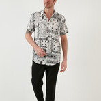 Relaxed Fit Striaght Collar Patterned Short Sleeve Button-Up Shirt // Black + White (XXL)
