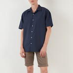Relaxed Fit Short Sleeve Single Pocket Button Up Shirt // Navy Blue (S)