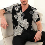 Regular Fit Applique Collar Short Sleeve Patterned Button-Up Shirt // Black + Beige (M)