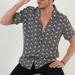 Regular Fit Applique Collar Short Sleeve Patterned Button-Up Shirt // White + Black (L)